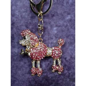 Sparkling Poodle Dog Rhinestone Keychain Bag Charm Gold Tone Pink Crystals